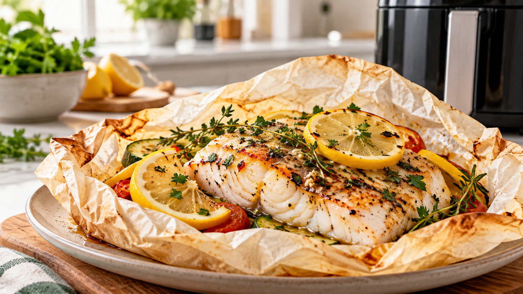 Fish Pouch with Lemon and Herbs in the Air Fryer: Light and Healthy
